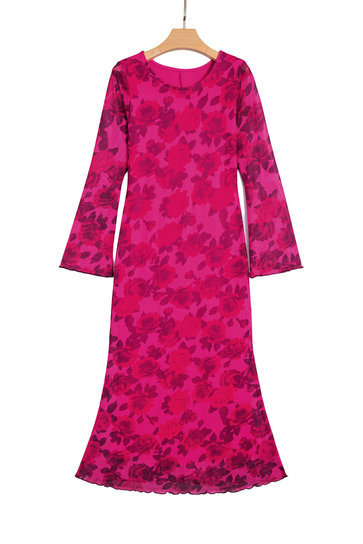 Red Floral Print Cuff Hem Serging Long Sleeve Sheath Dress