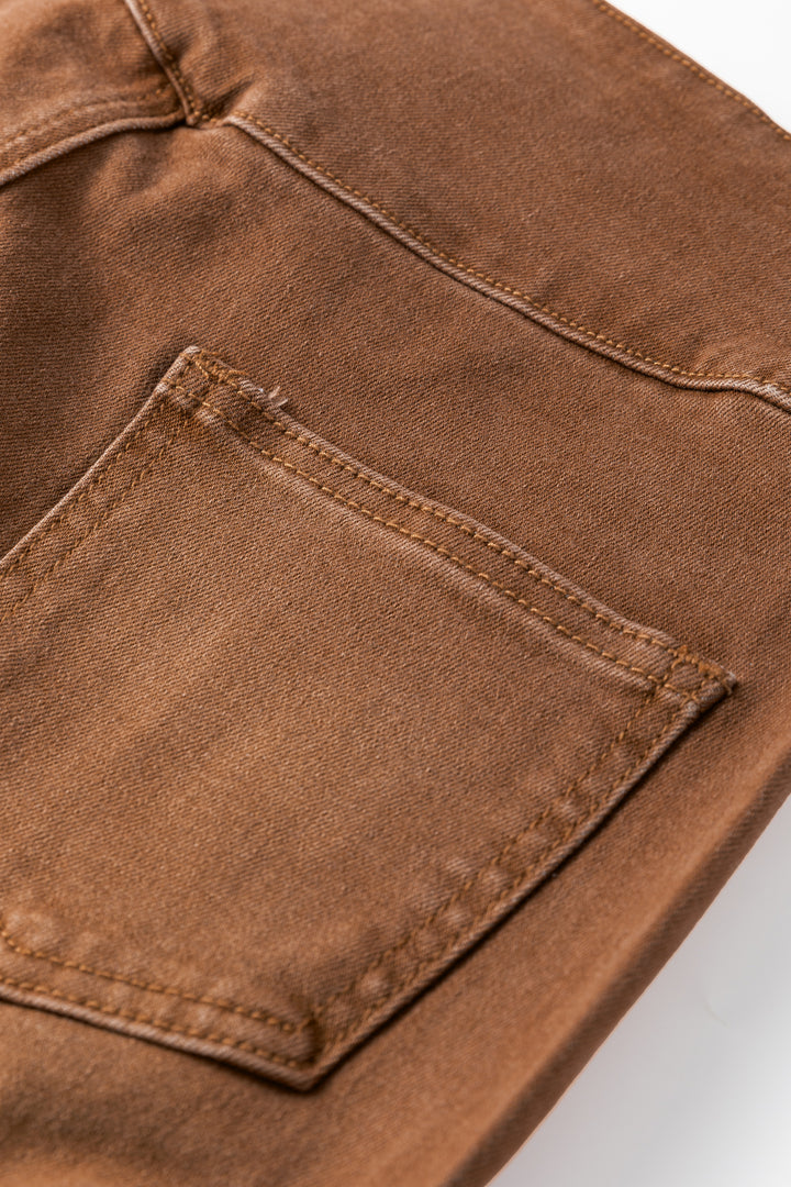 Coffee High Waist Button Fly Seamed Raw Hem Flare Jeans