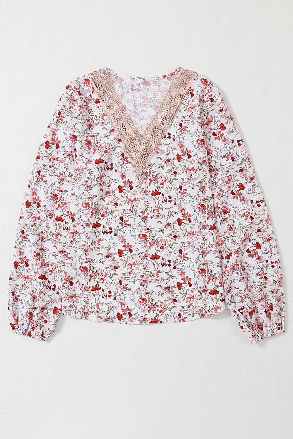 White Floral Long Sleeve Lace V-Neck Blouse