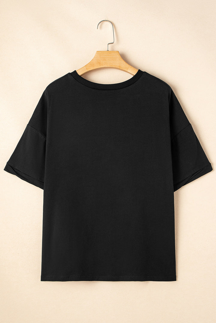 Black Sequin Rugby Football Patched Crewneck Loose T Shirt