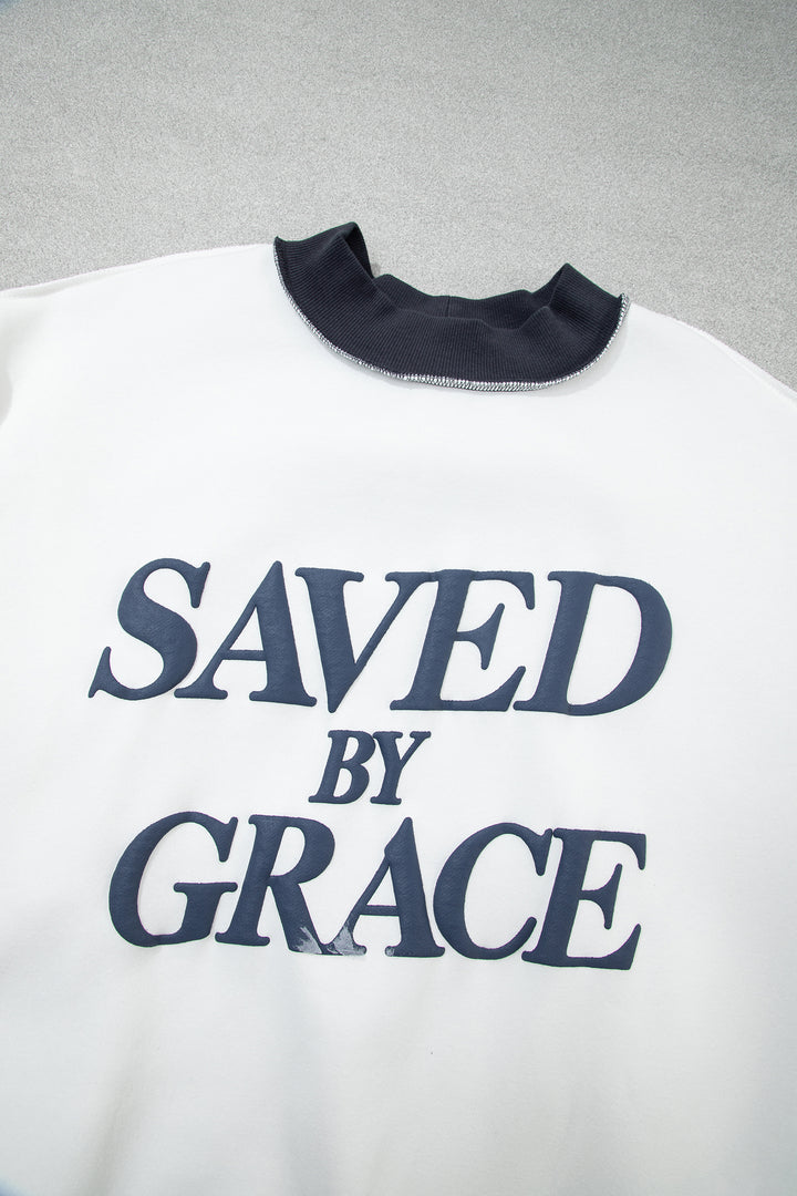 Beige SAVED BY GRACE Letter Print Color Block Mock Neck Plus Size Sweatshirt