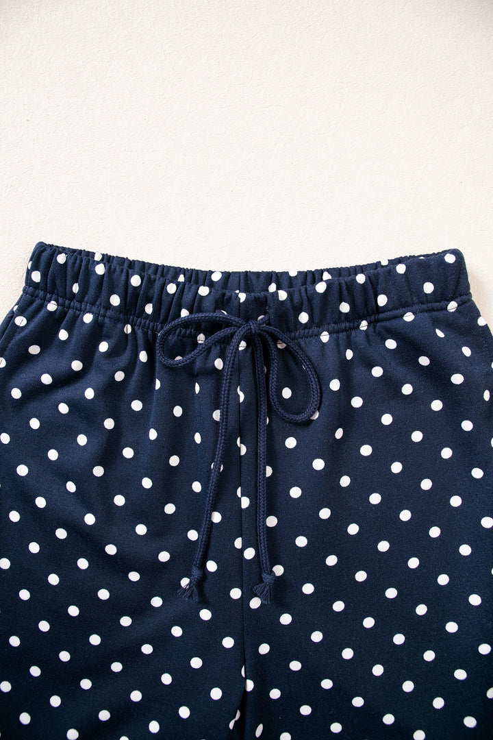 Red Polka Dot Drawstring Wide Leg Long Sleeve Top Pant Set