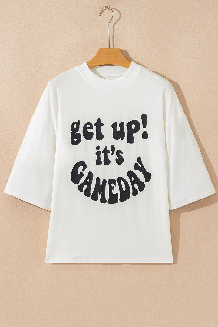 Beige GAME DAY Slogan Printed Half Sleeve Oversize T Shirt