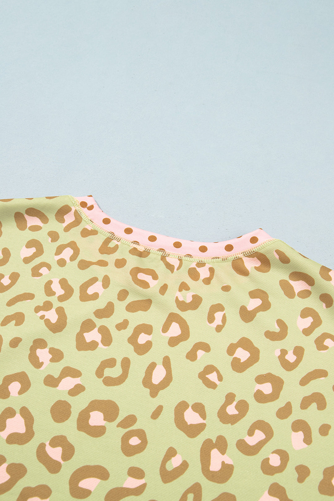 Khaki Leopard Polka Dot Colorblock Trim Long Sleeve Top
