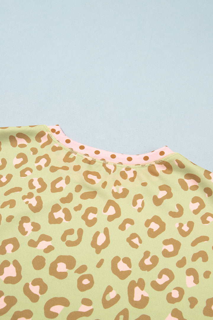 Khaki Leopard Polka Dot Colorblock Trim Long Sleeve Top