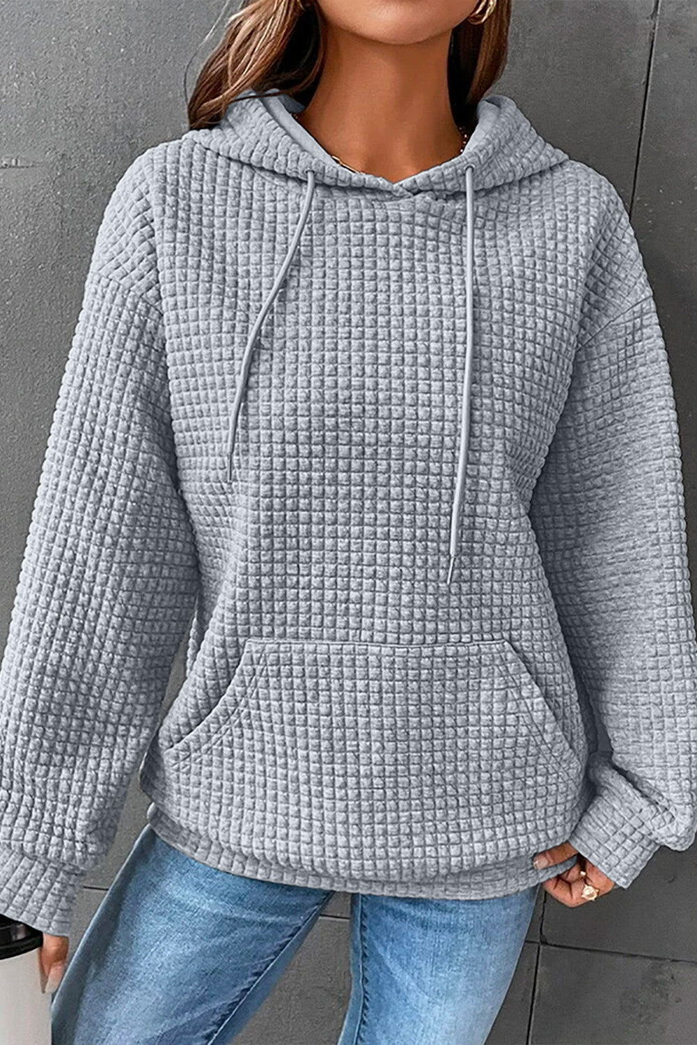 Gray Quilted Kangaroo Pocket Drawstring Hoodie