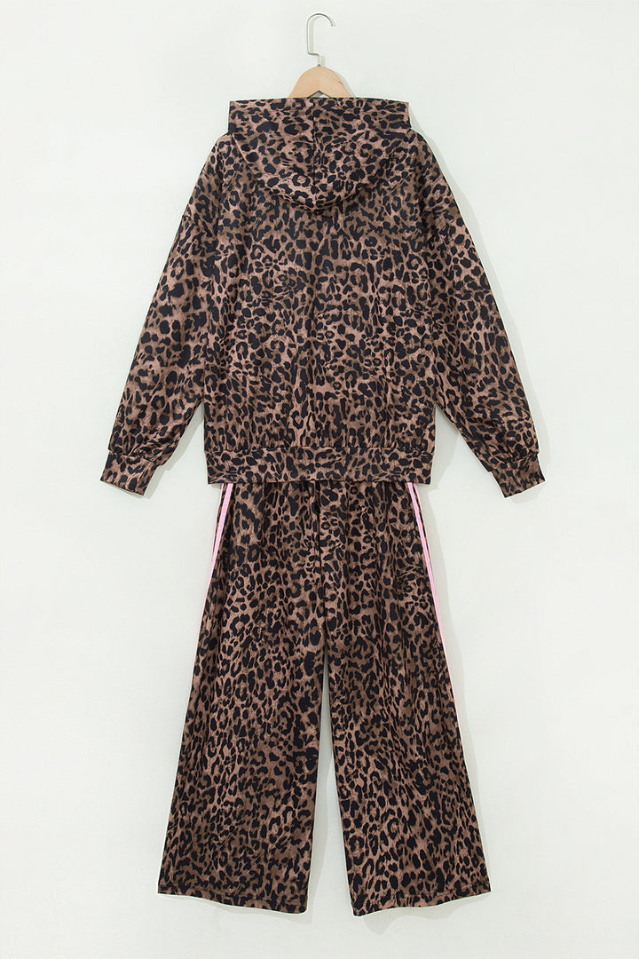 Brown Leopard Print Contrast Striped Detail Long Sleeve Top Pant Set