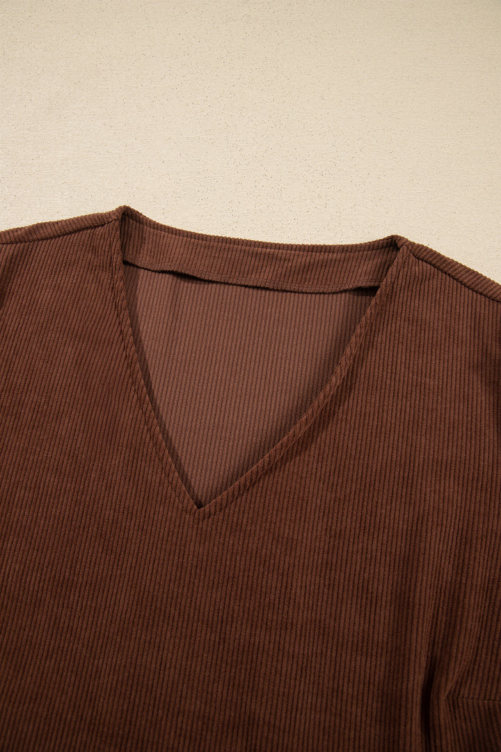 Coffee Winter Corduroy V Neck Long Sleeve Plus Size Mini Dress