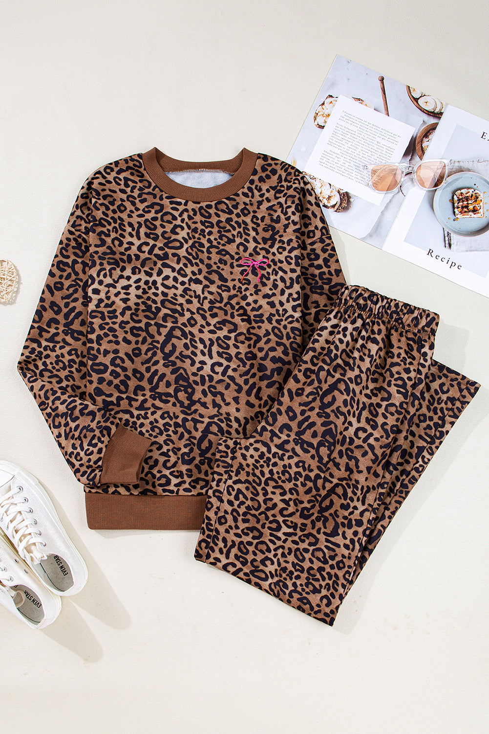 Coffee Leopard Print Contrast Trim Long Sleeve Top and Pants Set