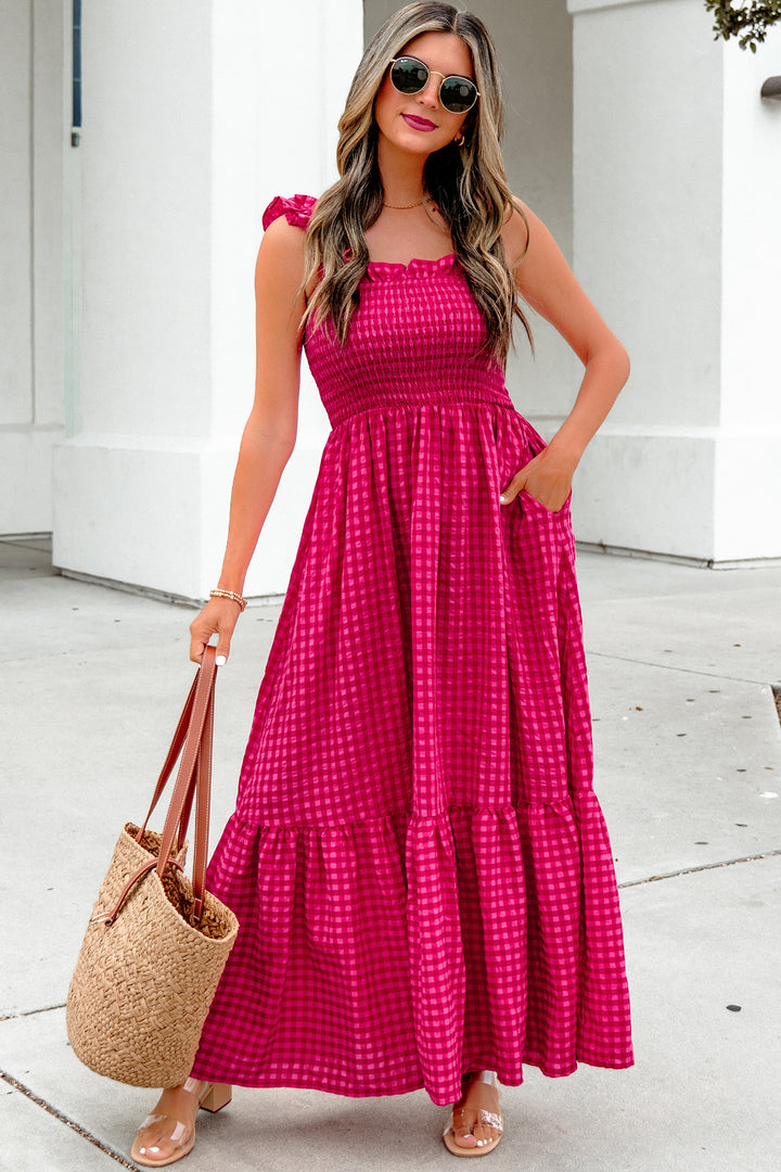 Red Plaid Square Neck Fit-and-flared Vacation Sundress