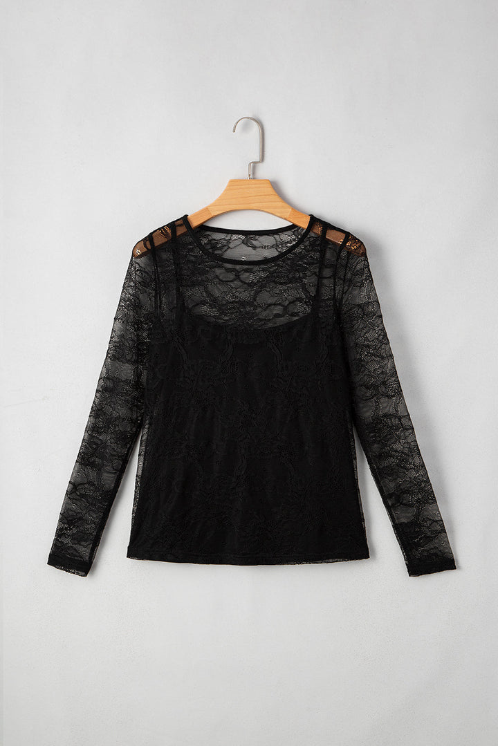 Amira Lace Crochet Mesh Slim Fit Long Sleeve Top