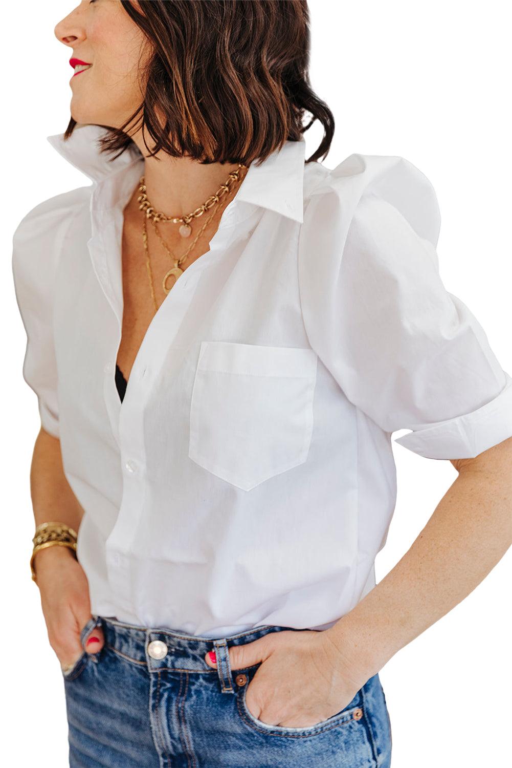 White Solid Puff Short Sleeve Shirt