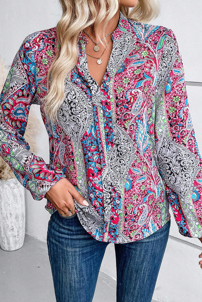 Pink Vintage Boho Paisley Print Notched Neck Blouse