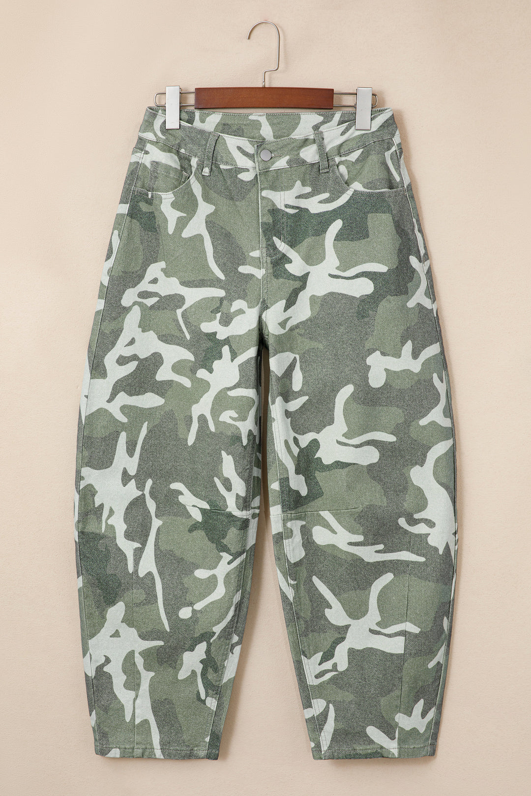 Green Camo Print Button Fly Straight Leg Ankle Length Jeans