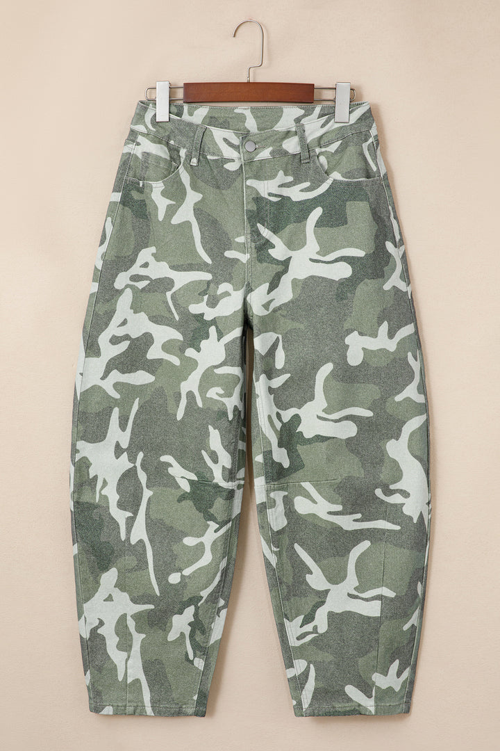 Green Camo Print Button Fly Straight Leg Ankle Length Jeans