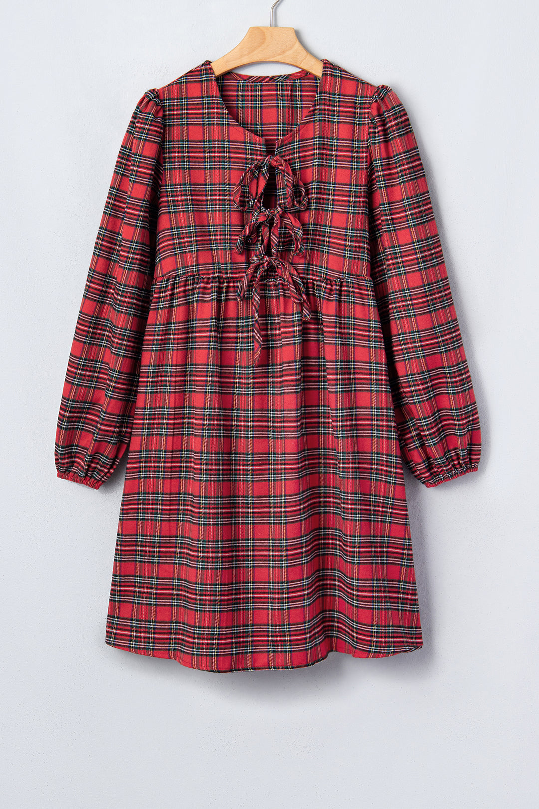 Red Plaid Tie Front Long Sleeve Short Shift Dress