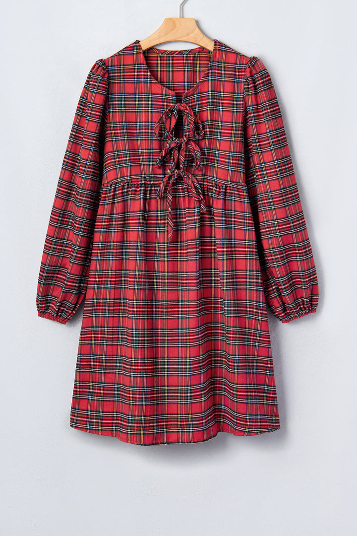 Red Plaid Tie Front Long Sleeve Short Shift Dress