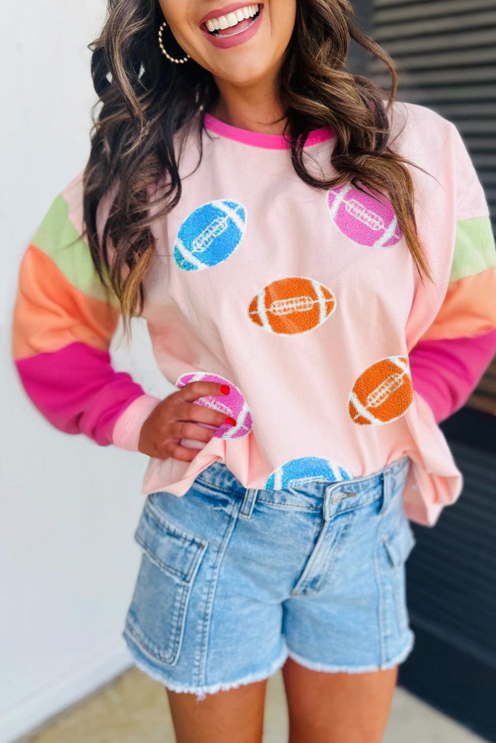 Pink GAME DAY Rugby Football Graphic Color Block Sleeve Top