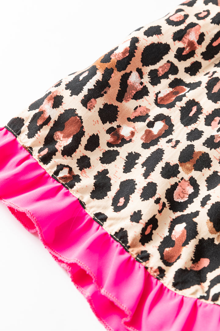 Light French Beige Leopard Print Contrast Trim Long Sleeve Shirt Drawstring Ruffle Hem Short Set