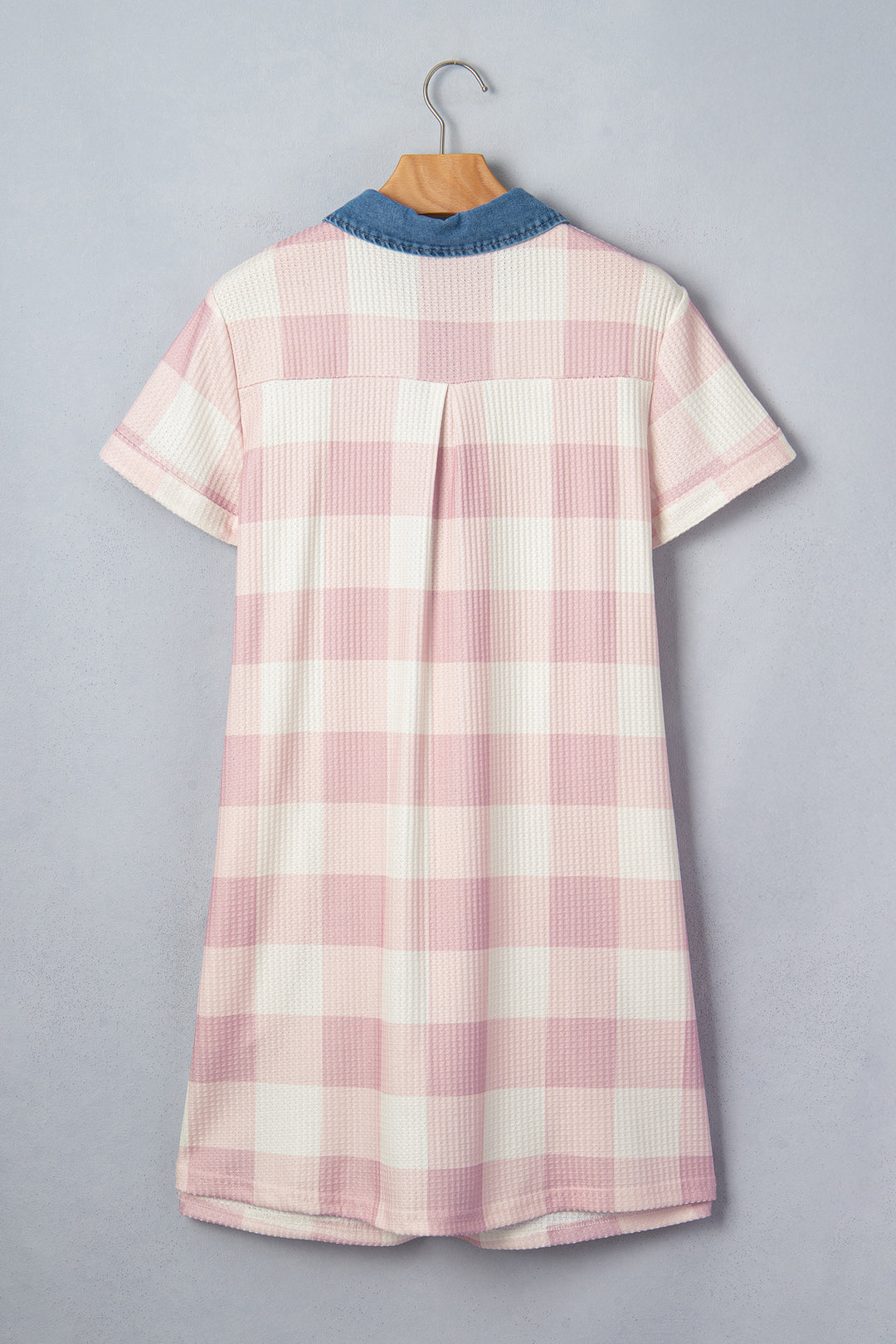 Pink Waffle Plaid Print Contrast Denim Shirt Collar Buttoned T Shirt Mini Dress