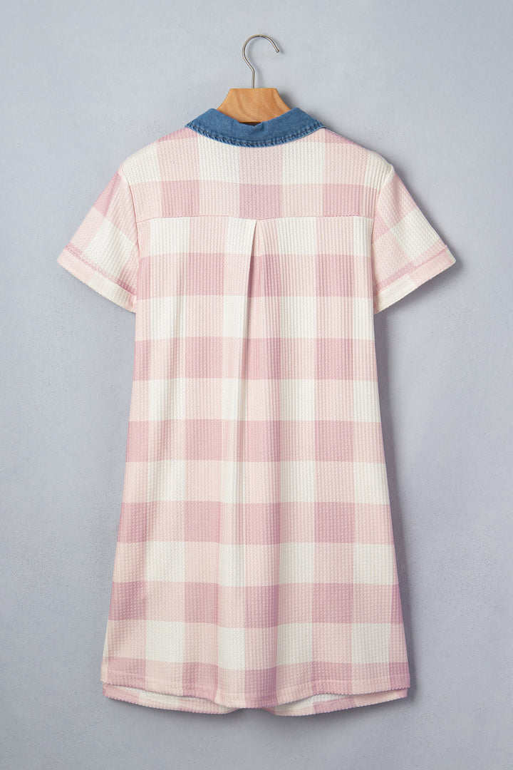 Pink Waffle Plaid Print Contrast Denim Shirt Collar Buttoned T Shirt Mini Dress