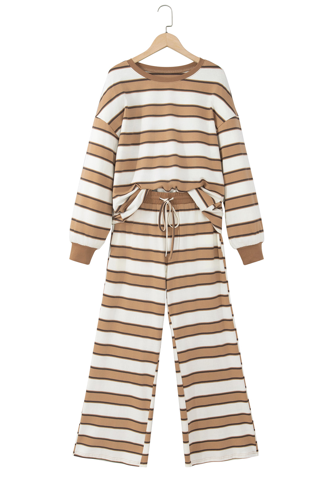 Khaki Stripe Contrast Trim Patchwork Casual Two-Piece Pants Set