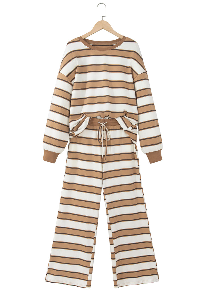 Khaki Stripe Contrast Trim Patchwork Casual Two-Piece Pants Set