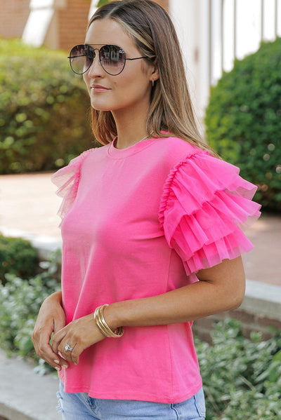 Pink Tulle Ruffle Sleeve Blouse