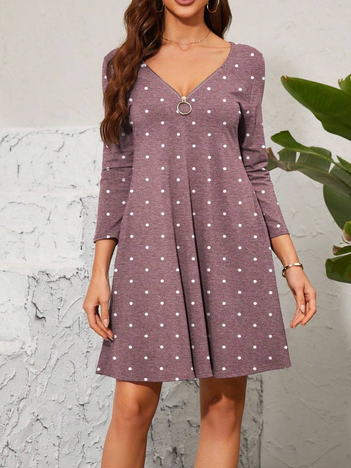 Polka Dot Quarter Zip Long Sleeve Dress