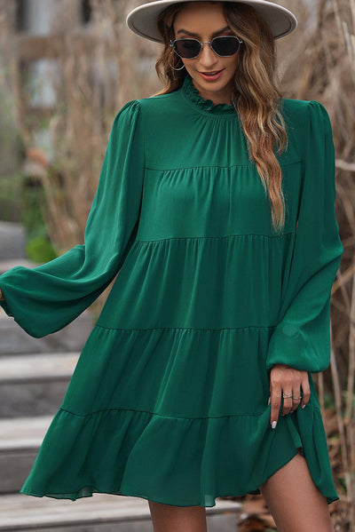 Green Puff Sleeve Mock Neck Back Knot Tiered Dress