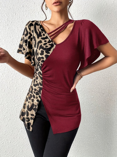 Ruched Leopard Flutter Sleeve T-Shirt