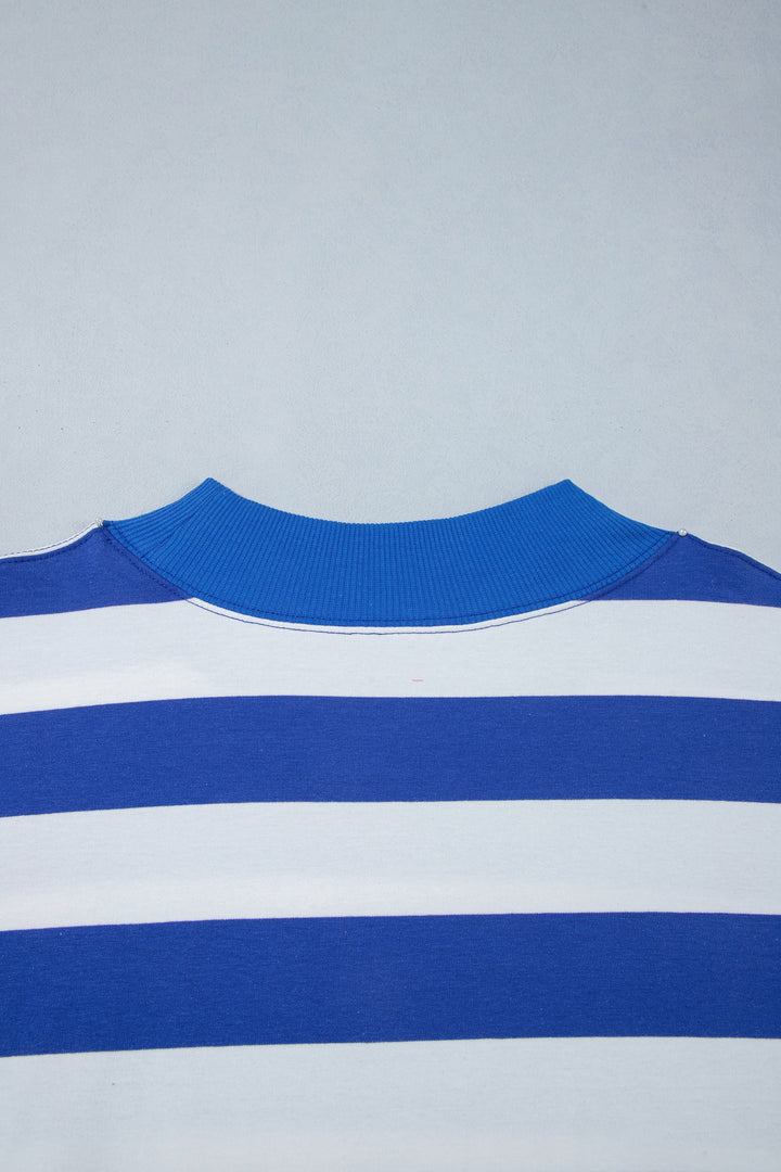 Orange Stripe Ribbed Trim Stand Neck Dropped Shoulder Plus Size Sweatshirt