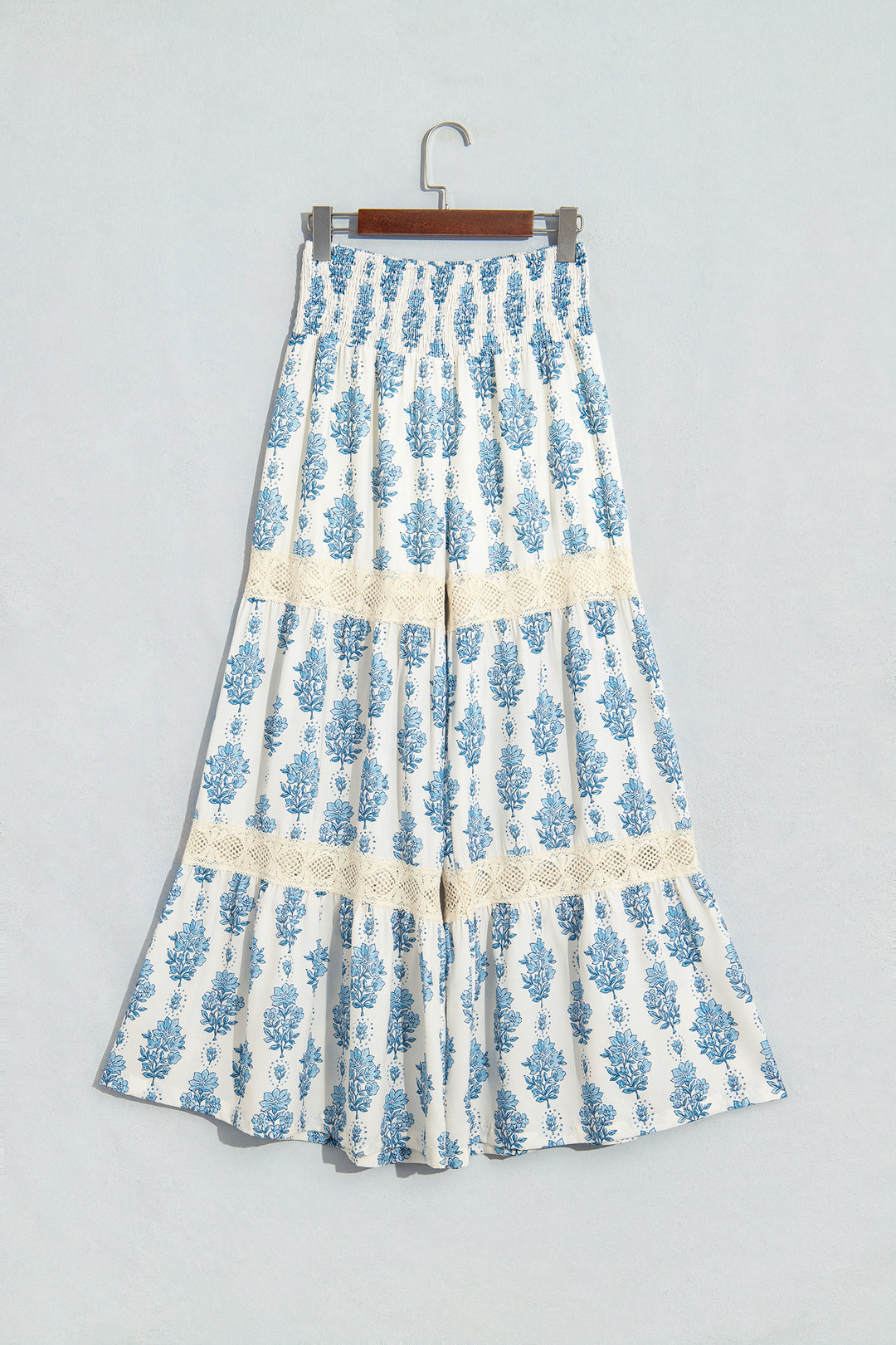Sky Blue Floral Print Lace Patchwork Detail Wide Leg Pants