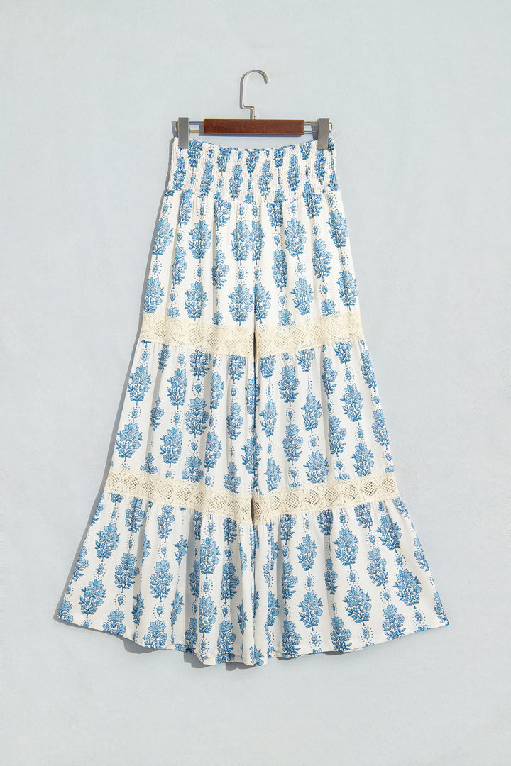 Sky Blue Floral Print Lace Patchwork Detail Wide Leg Pants