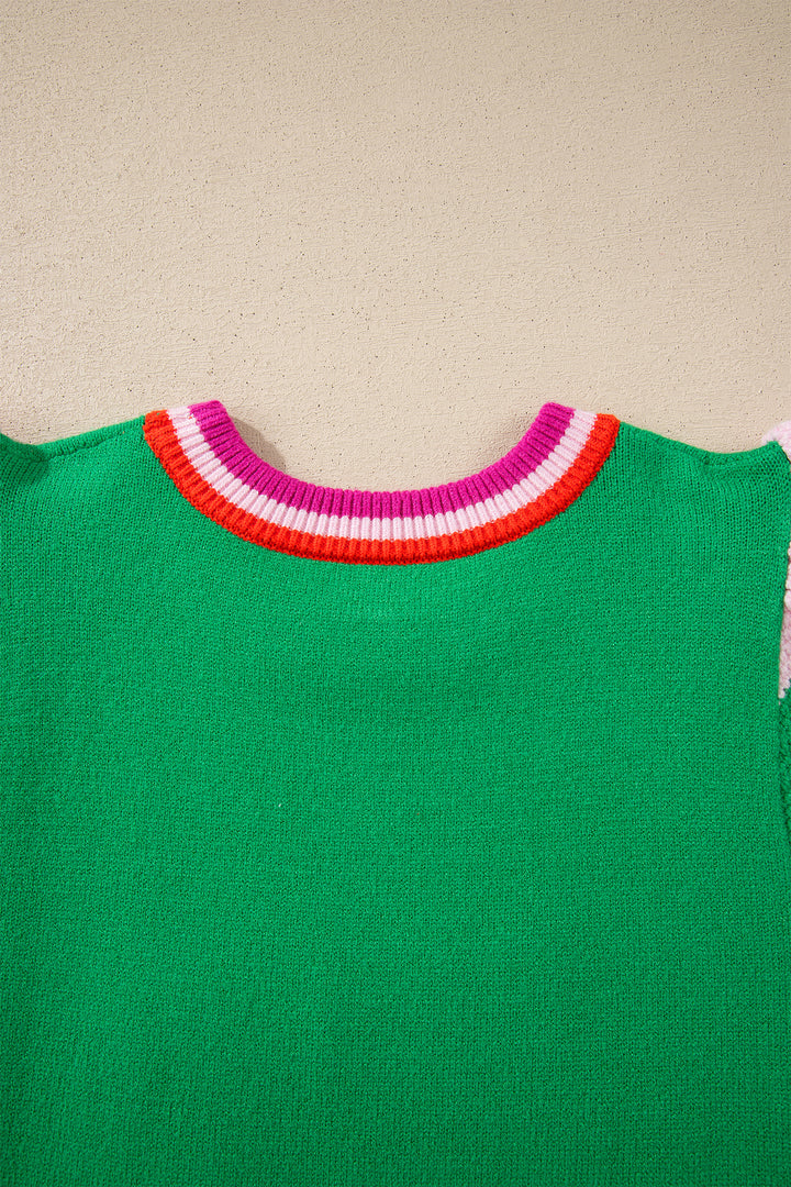 Bright Green Shiny Lucky Striped Flutter Sleeve Round Neck Sweater