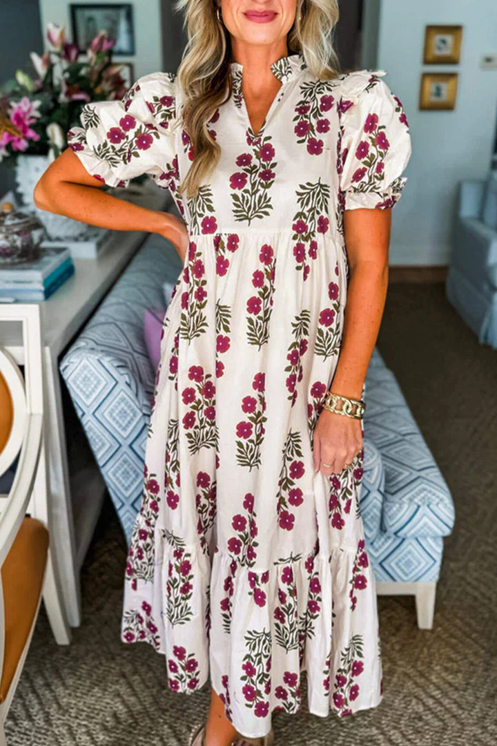 Beige Floral Short Bubble Sleeve Tiered Maxi Dress