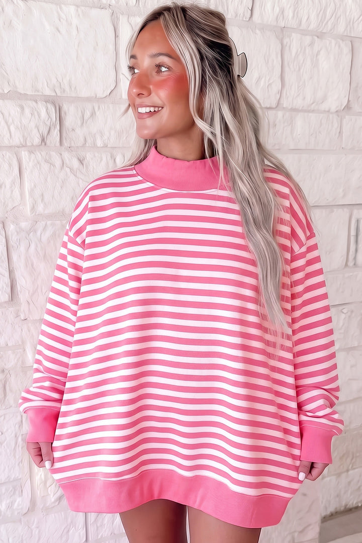 Gray Stripe Cozy Mock Neck Oversized Tunic Sweatshirt