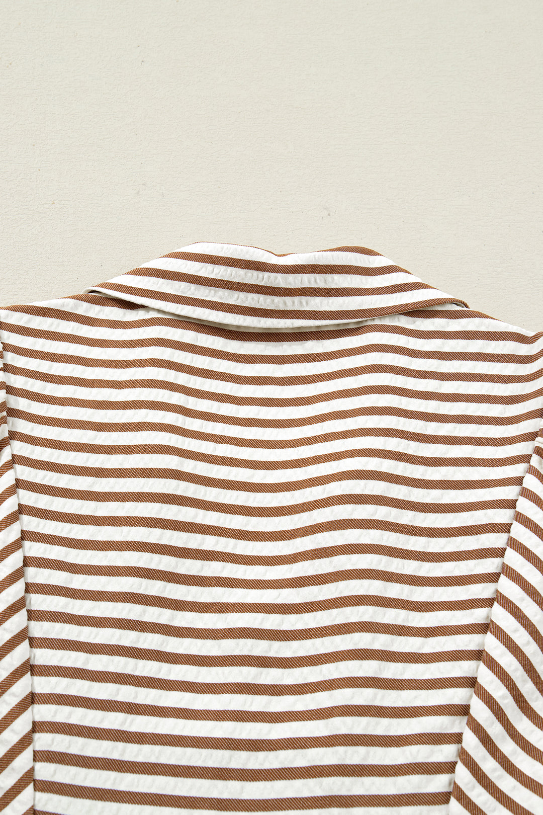 Brown Stripe Shirred V Neck Short Puff Sleeve Blouse
