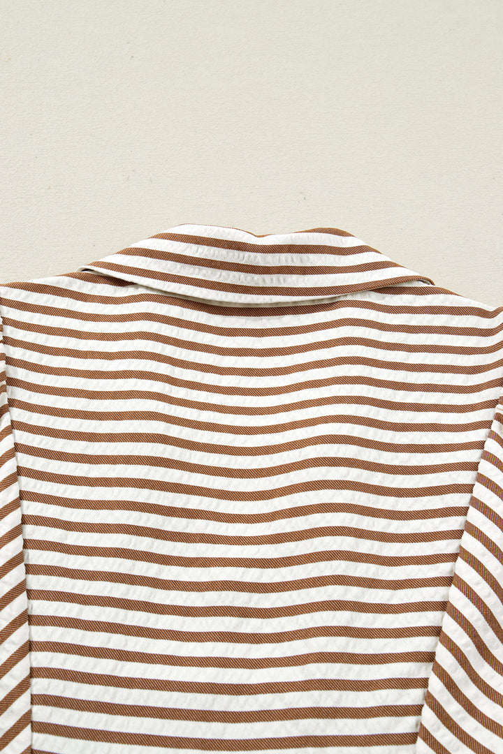 Brown Stripe Shirred V Neck Short Puff Sleeve Blouse