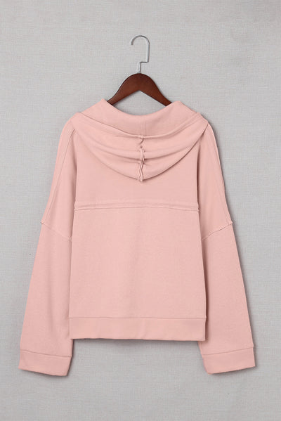 Pink Casual Button Solid Patchwork Trim Hoodie