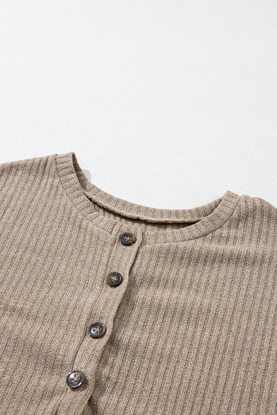 Pale Khaki Rib Textured Henley Knit Top