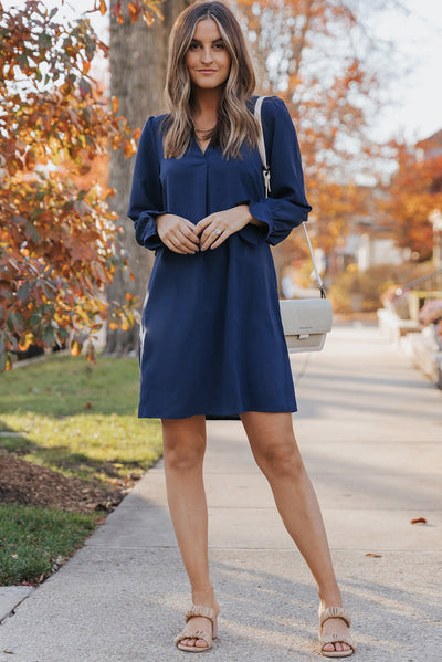 Blue Split V Neck Ruffled Sleeves Shirt Dress