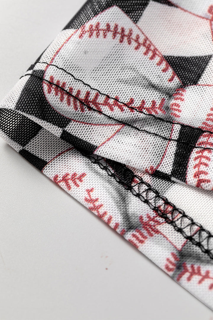 Black High Neck Plaid Baseball Bow Long Sleeve Mesh Top