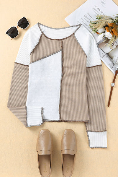 White Irregular Color Block Seaming Trim Rib Knit Top