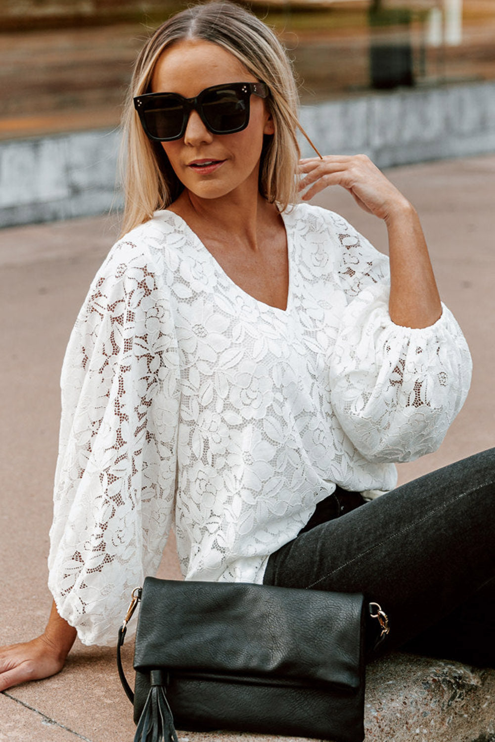 White Floral Lace Crochet Loose Fit V Neck Top