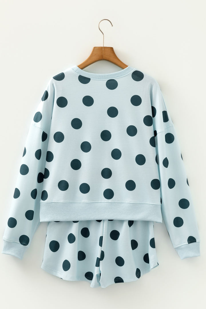 Sky Blue Polka Dot Print Drop Shoulder Pullover Drawstring Shorts Set