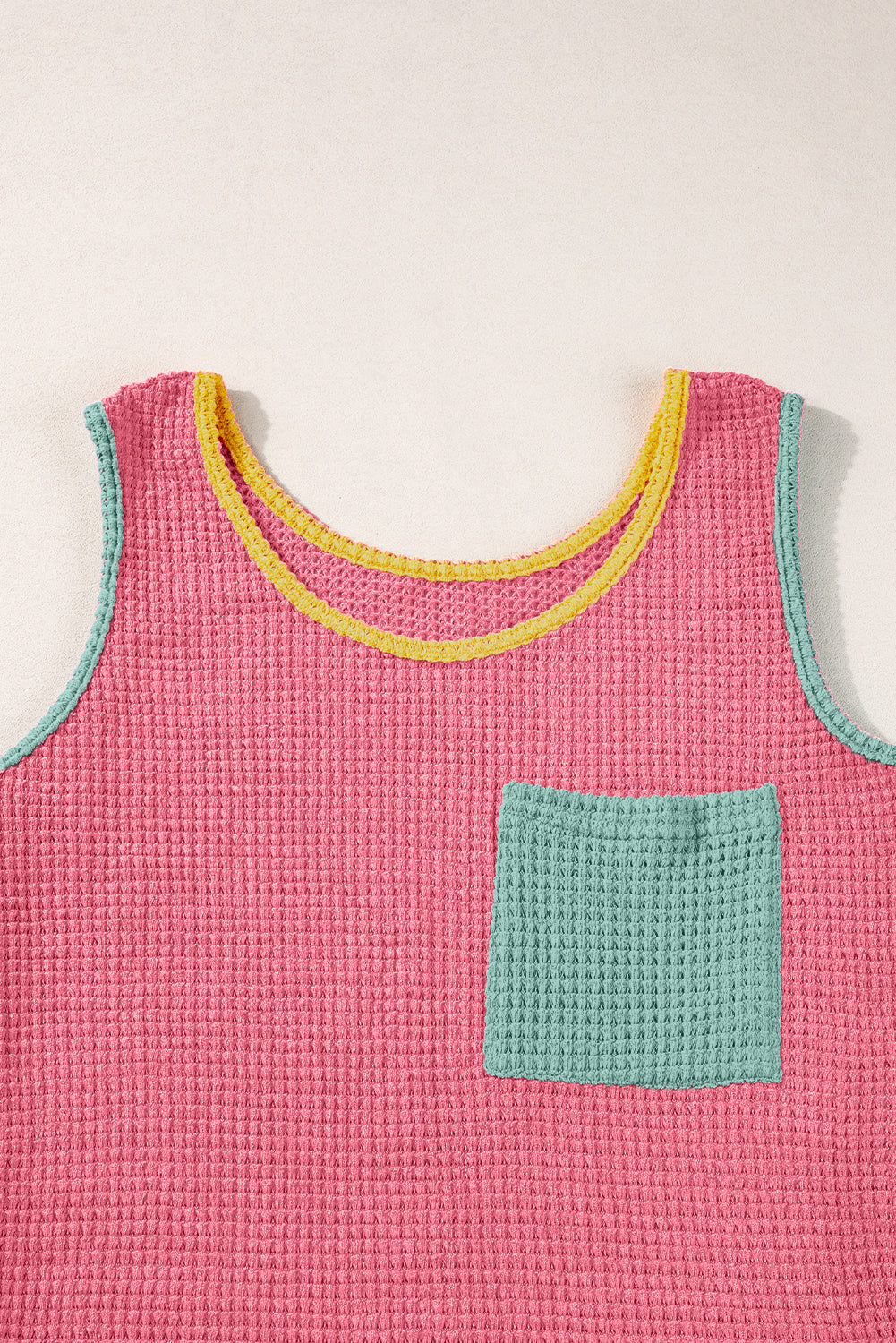 Strawberry Pink Color Block Patched Pocket Breathable Knit Tank Top