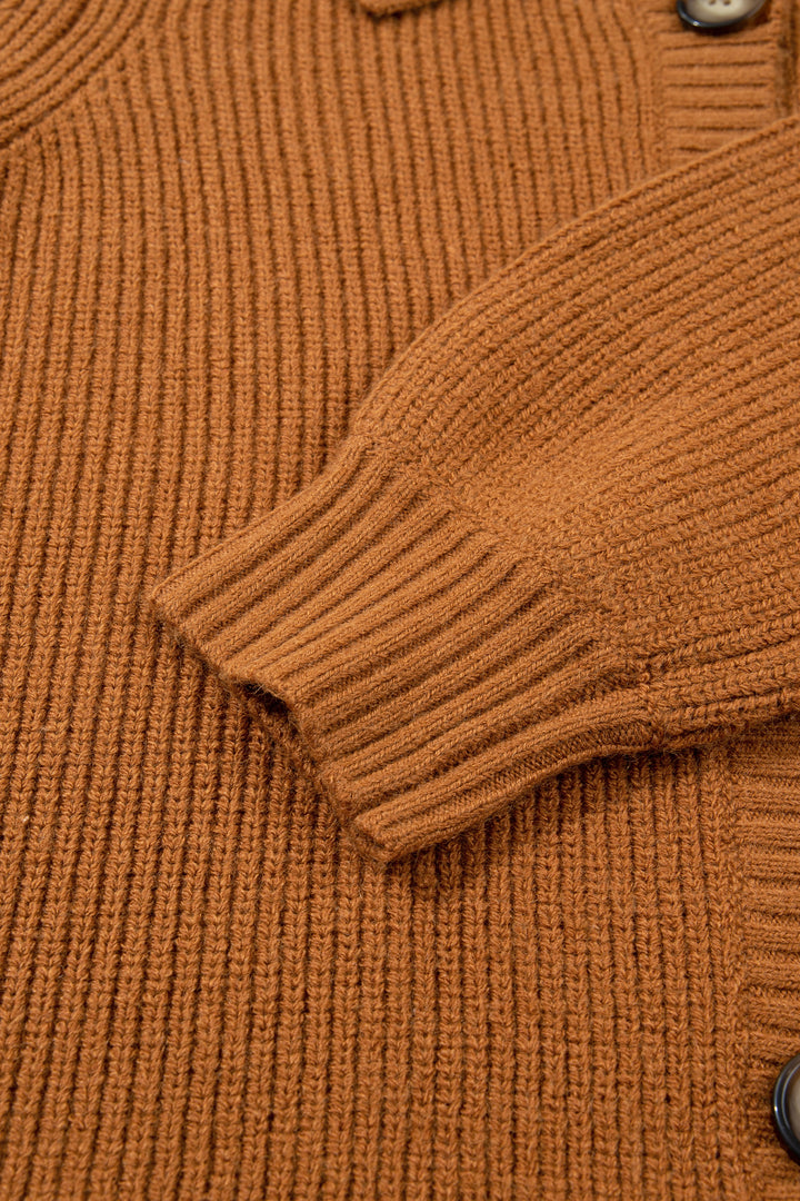 Mustard Ribbed Knit Collar Button Front Long Sleeve Cardigan