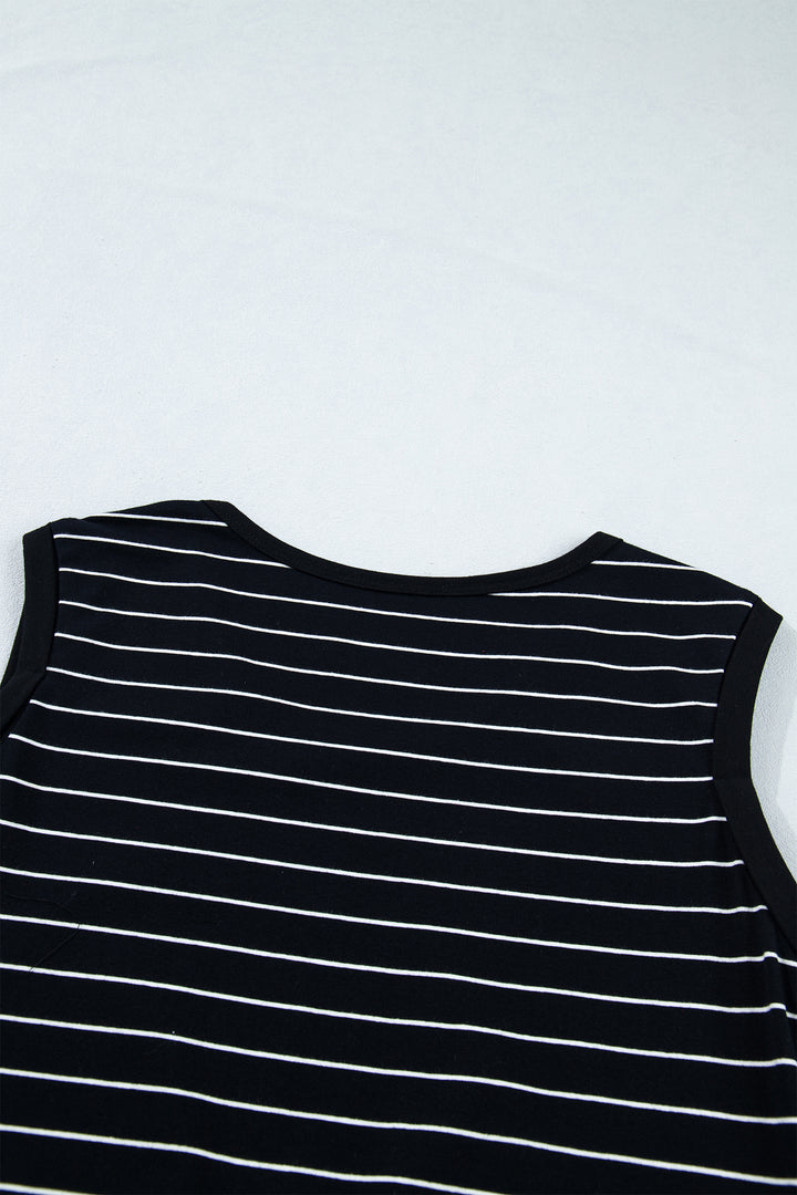 Black Stripe Drawstring Tunic Tank Mini Dress with Pockets