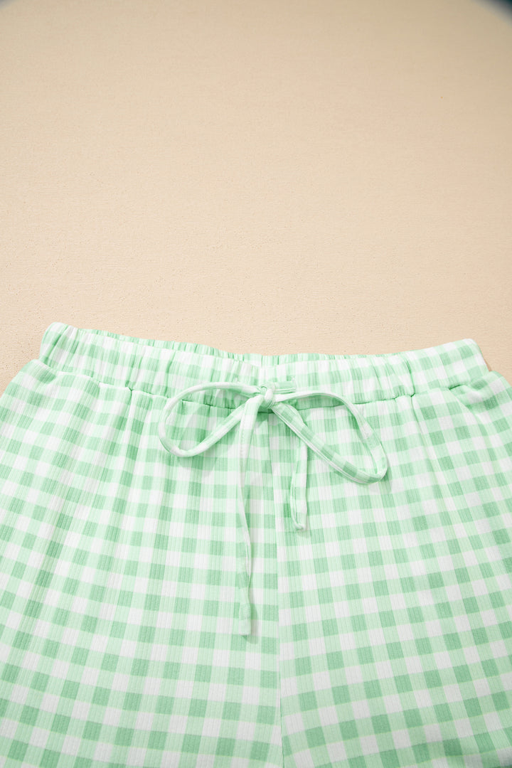 Green Gingham Long Sleeve Loose Top Drawstring Shorts 2pcs Lounge Set